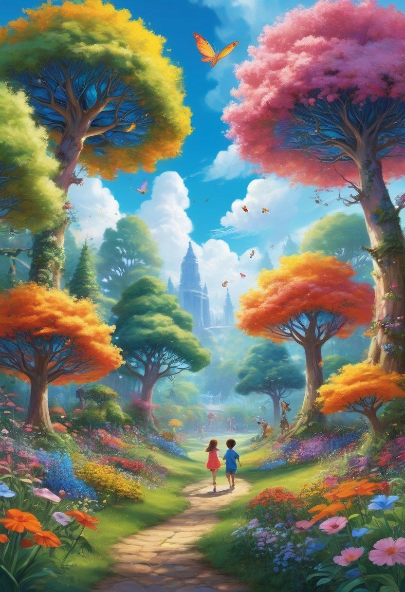A whimsical scene featuring a lively park filled with colorful flowers and trees, where people of diverse backgrounds are joyfully playing, laughing, and flying kites. The sky is bright blue with fluffy clouds, and magical creatures like fairies and playful animals are peeking out from behind trees. The overall atmosphere should radiate joy, playfulness, and enchantment. vibrant colors. illustration.