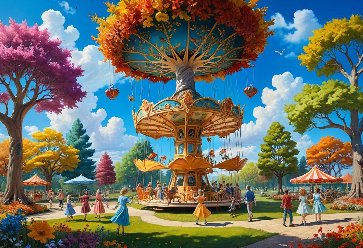 A whimsical landscape showcasing a vibrant, surreal scene with playful creatures engaging in zany adventures amidst fantastical trees and flowers. Incorporate whimsical elements like a floating teacup carousel and smiling clouds in a bright blue sky. The foreground features characters sharing blissful moments, like picnicking or dancing. Use vibrant colors to enhance the atmosphere of joy and whimsy. super-realistic. bright, vibrant colors. fantasy style.