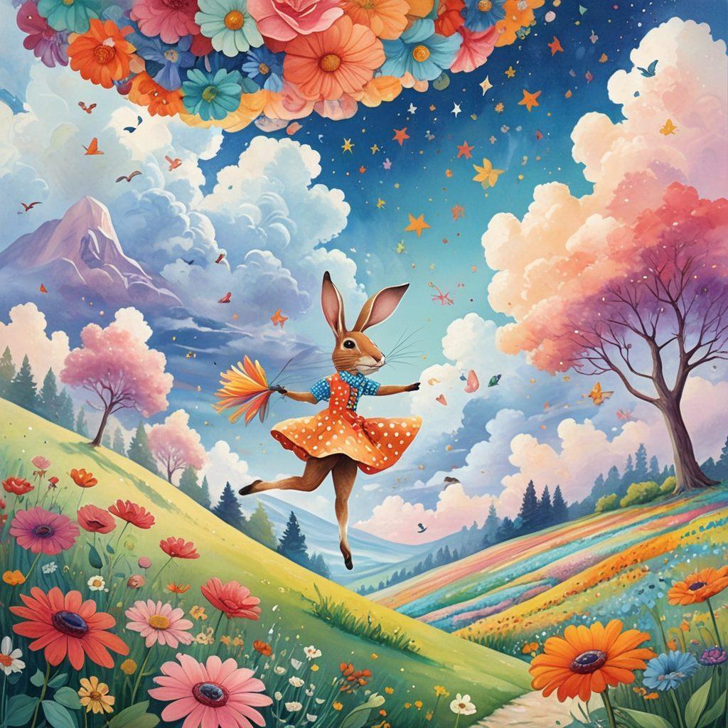 A vibrant landscape filled with colorful oversized flowers and quirky animals frolicking beneath a whimsical sky. A person with a joyful expression dances in the foreground, surrounded by floating geometric shapes and dreamlike elements. Soft pastel hues blend seamlessly, creating a cheerful atmosphere. An imaginative and playful design invokes a sense of bliss and wonder. watercolor illustration. bright colors. whimsical style.